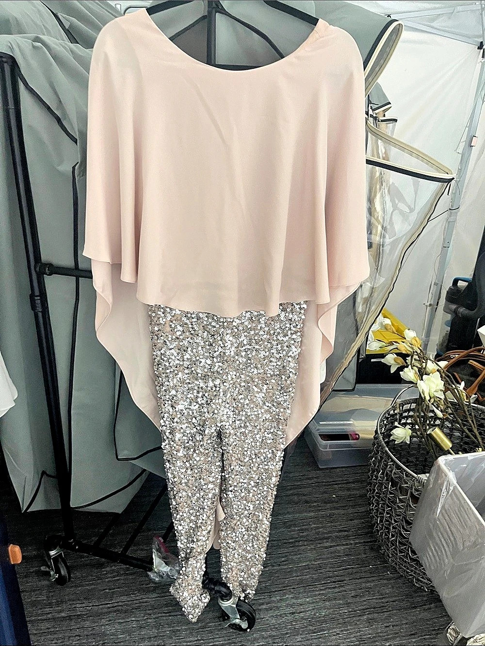 BCBGMAXAZRIA Sequined Cape Sleeves Jumpsuit Pink & Silver Small